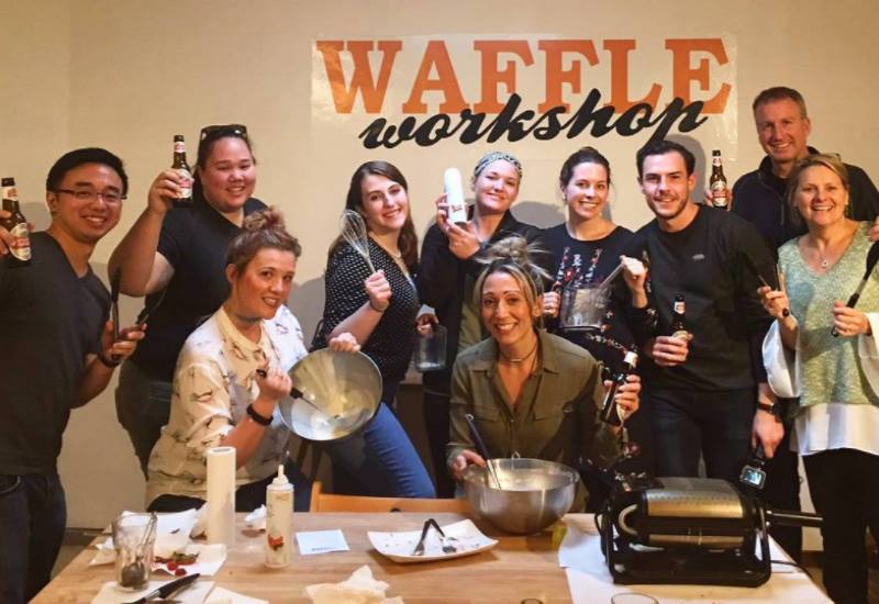 group at the waffle workshop in bruges
